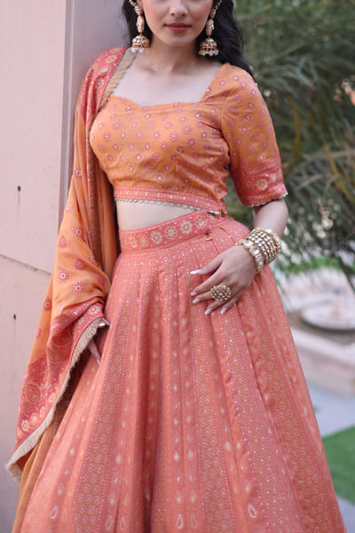 Safaa Coral paisley chikankari woven lehenga set SAFKB2304