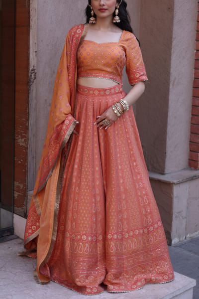 Safaa Coral paisley chikankari woven lehenga set SAFKB2304