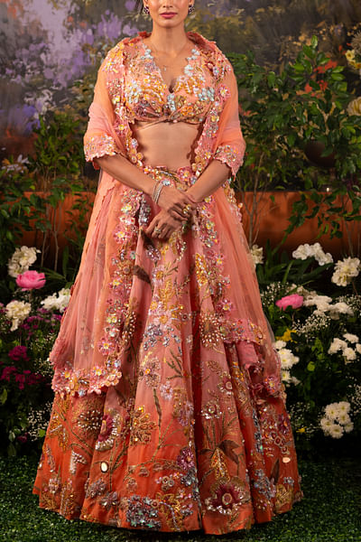 Coral pink floral embroidery lehenga set