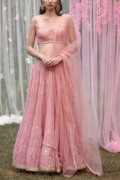 Coral pink tiered lehenga set