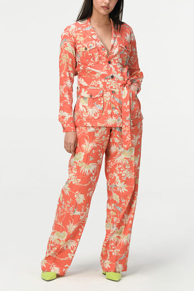 Coral rainforest print pleated trousers