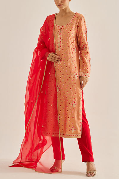 Coral red floral embroidery kurta set