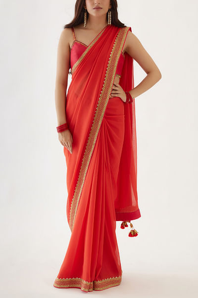 Coral sequin and gota embellished sari set