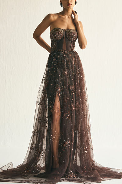 Cosmic brown floral embroidery strapless gown