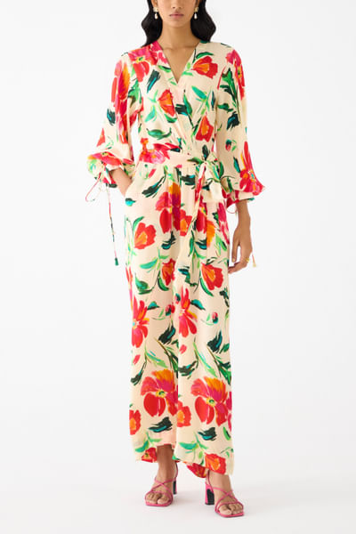 Cream and red floral print jumpsuit