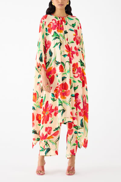 Cream and red floral print kaftan set