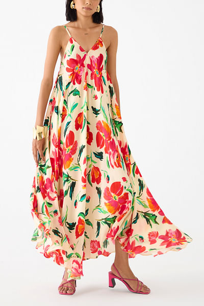 Cream and red floral printed dress