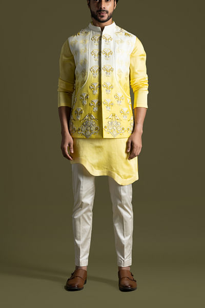 Cream and yellow embroidered Nehru jacket