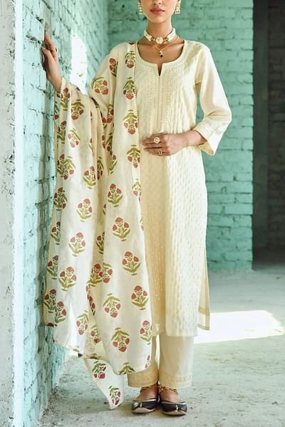 Cream embroidered kurta set