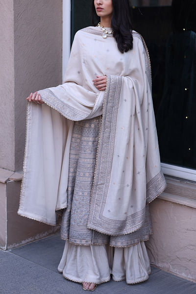 Cream geometrical woven jacket anarkali set