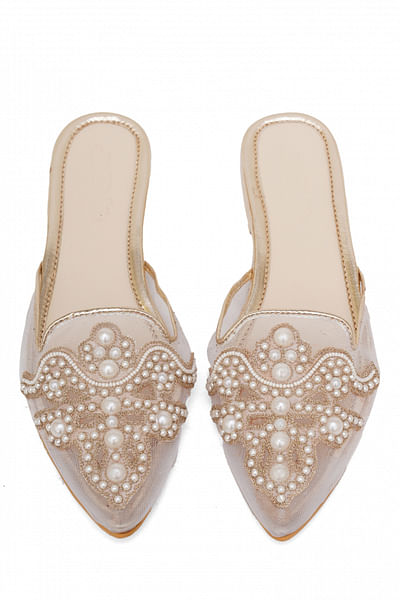 Cream pearl embroidered mules