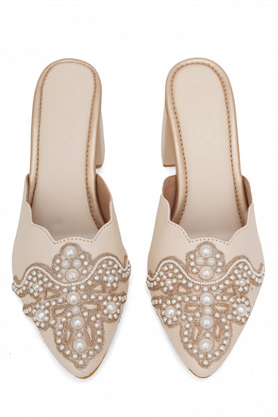 Cream pearl embroidery mule block heels