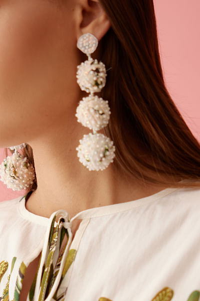 Cream sequin and pearl embroidery earrings