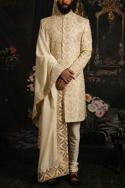 Cream thread embroidery sherwani set