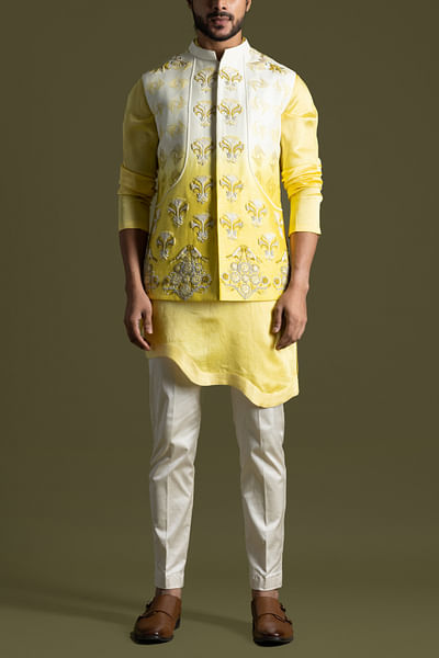 Cream to yellow Nehru jacket and kurta set