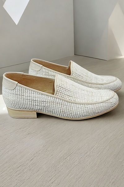 Cream tweed woven loafers