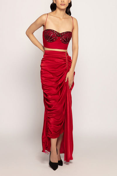 Crimson asymmetric draped skirt