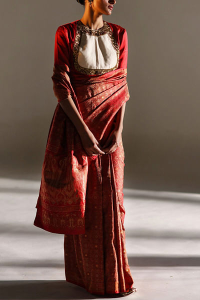 Crimson embroidered sari set
