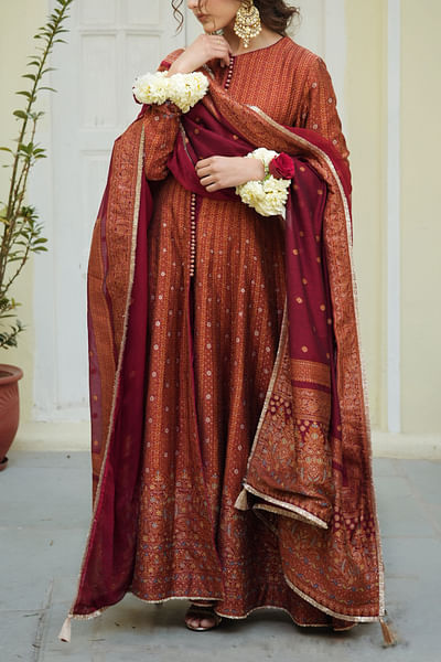 Crimson red self-woven anarkali set