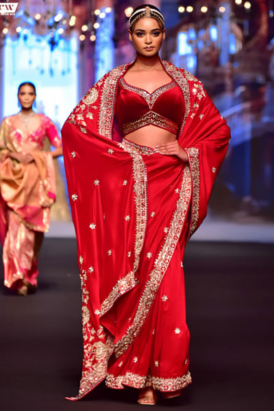 Crimson red silk crepe sari set