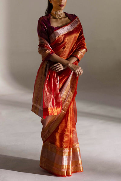 Crimson tissue silk sari set
