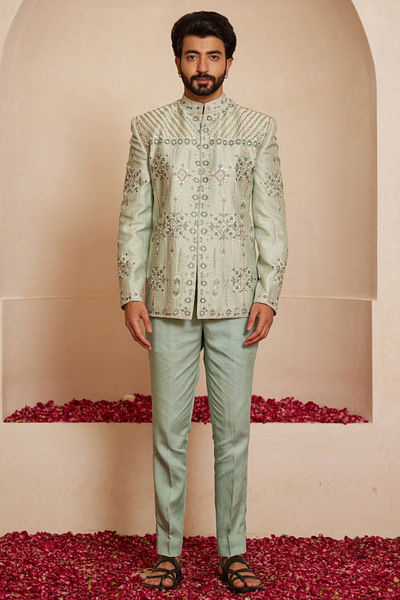 Cyan geometric motif embroidered bandhgala set