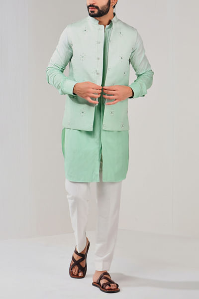Cyan mirror embellished Nehru jacket
