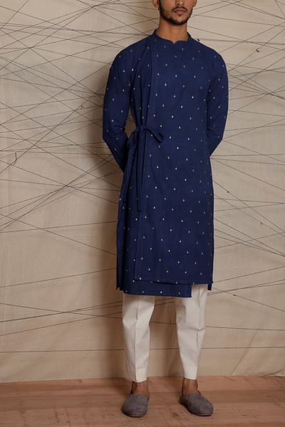 Dark blue asymmetric tie-up kurta
