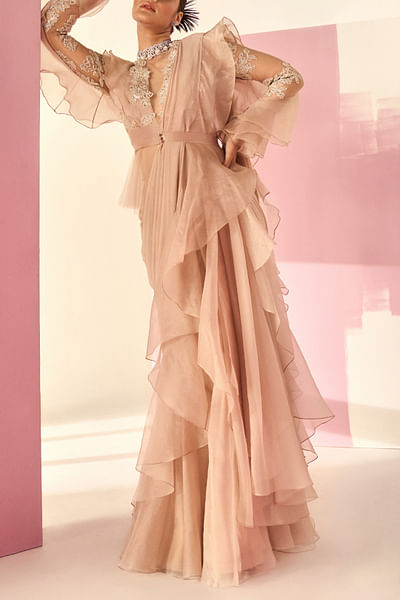 Dark champagne draped ruffed sari set