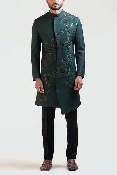 Dark green embroidered achkan set