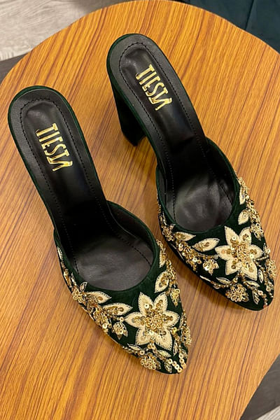 Dark green floral hand embroidered heels