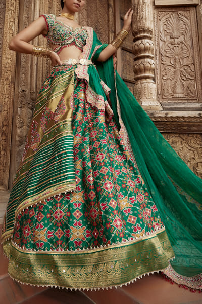 Aditi Gupta Dark green zari embellished patola jamawar jacket lehenga set ADIJMMY2023009