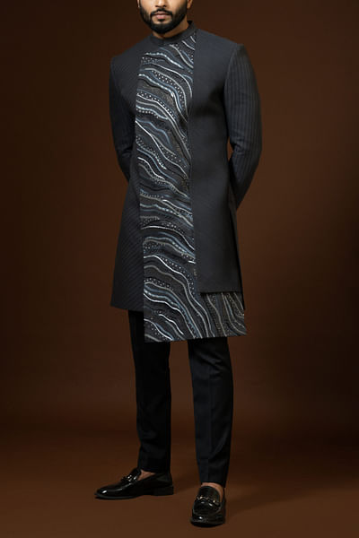 Dark grey overlapping pintucks achkan set