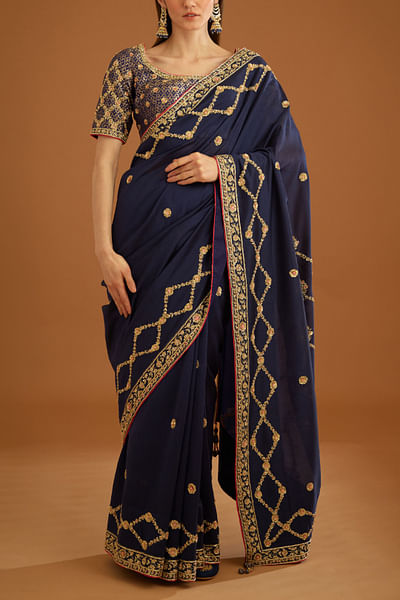 Dark navy blue zardozi embroidered sari set