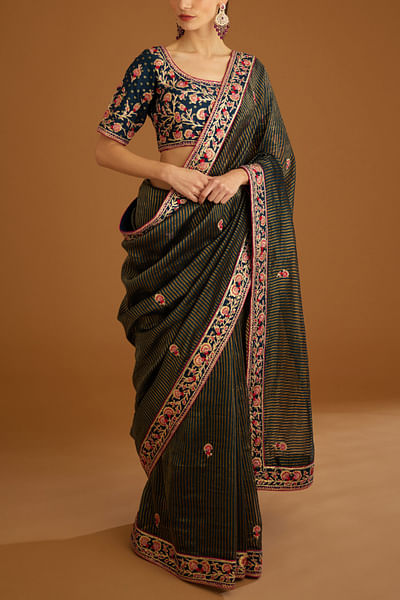 Dark navy stripe jacquard sari set