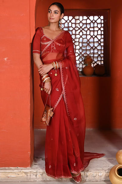 Dark red floral zari embroidered sari set