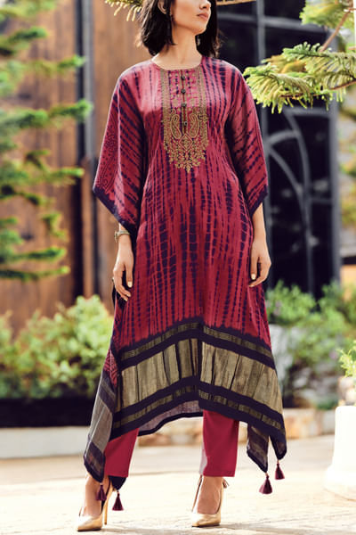 Dark rose shibori printed kaftan set