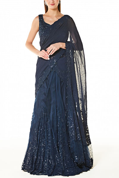 Deep blue embellished lehenga sari set