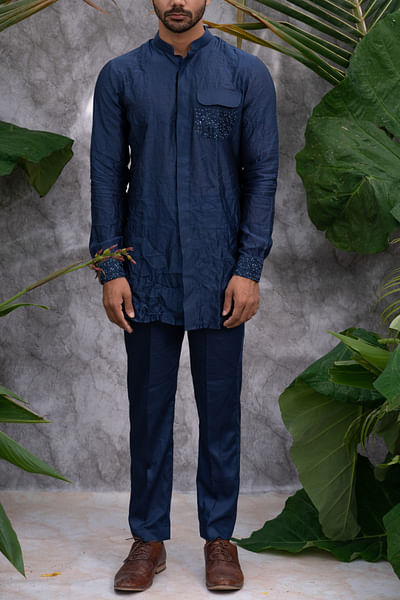Deep blue embroidered crushed shirt kurta set