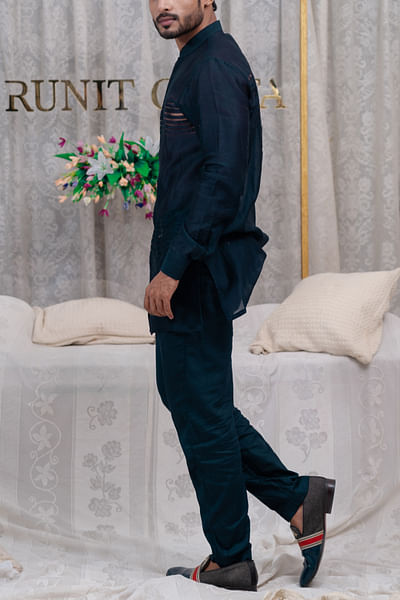 Deep blue pulled thread work shirt kurta set