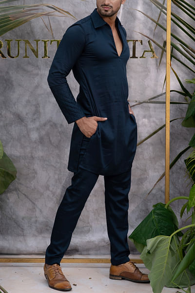 Deep blue resham quilted kurta set