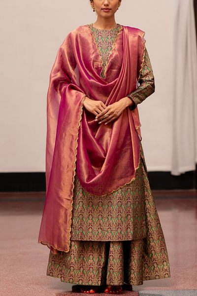 Deep green and pink brocade woven sharara set