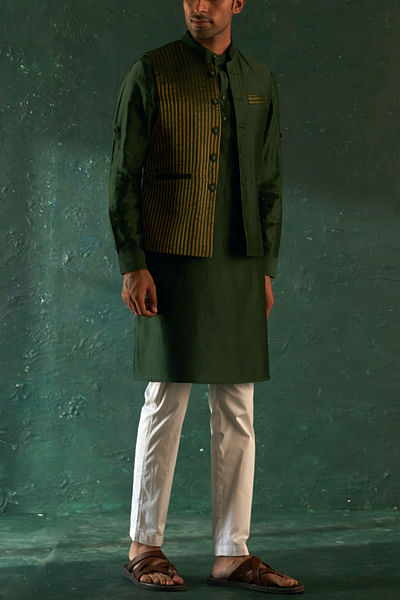 Deep green stripe Nehru jacket and kurta set