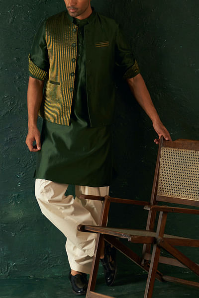 Deep green striped Nehru jacket and kurta set