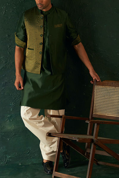 Deep green striped Nehru jacket