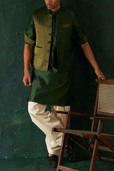 Deep green striped Nehru jacket kurta set