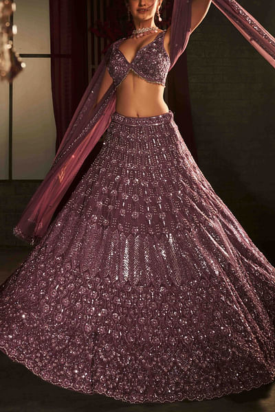 Deep mauve sequin and pearl embroidered lehenga set