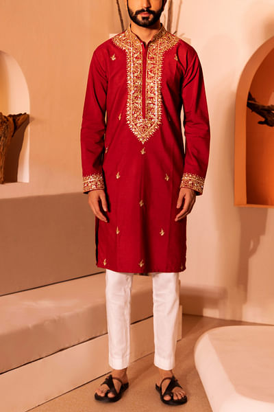 Deep red cutdana embroidery kurta set
