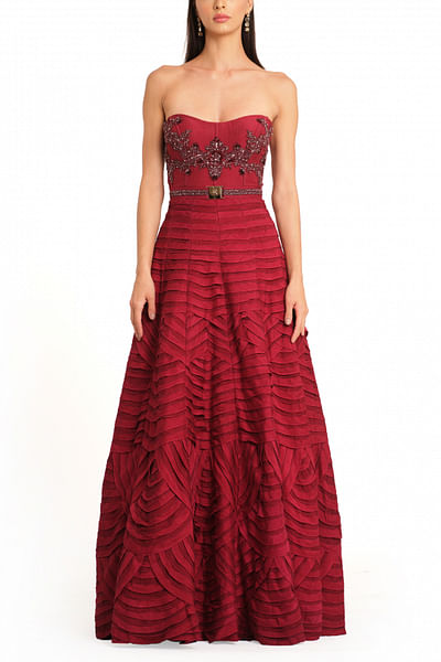 Deep red frill derailed gown