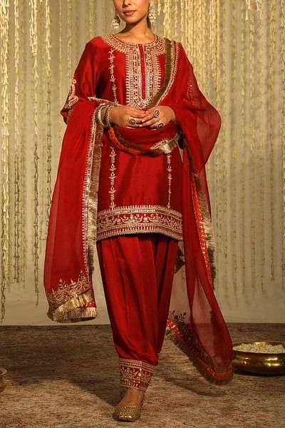 Deep red kiran dori embroidered kurta set